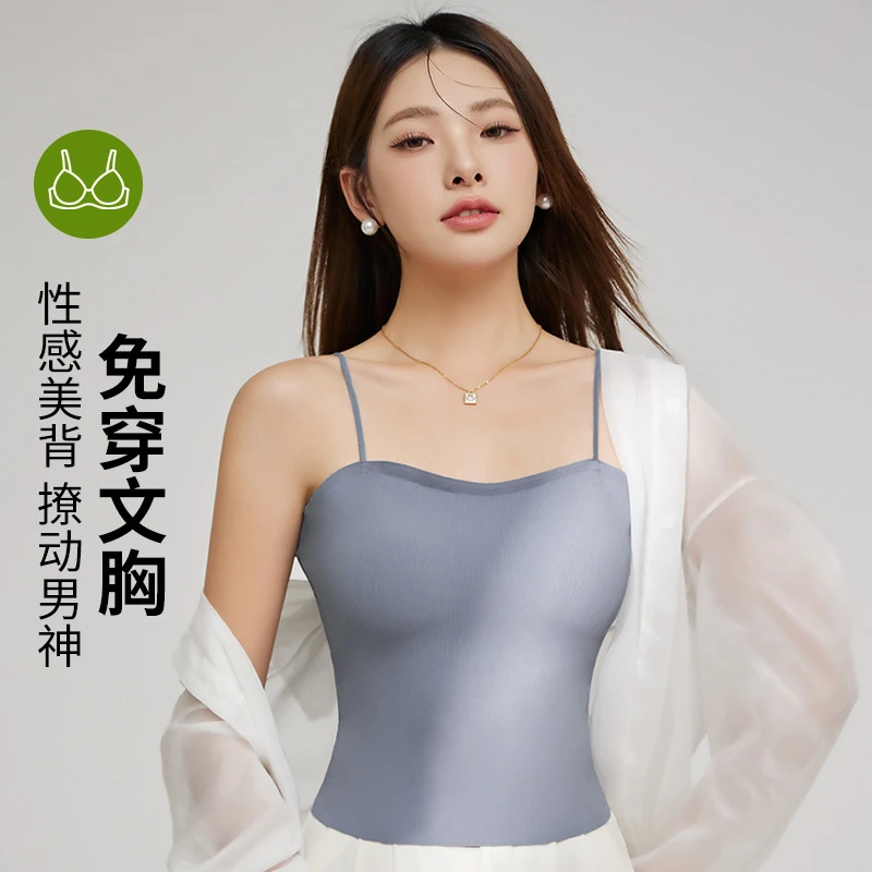爆款无痕螺纹吊带背心女带胸垫高弹外穿内搭防走光美背吊带上衣女