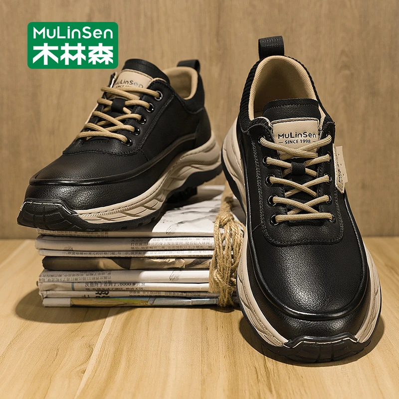 木林森男鞋2025新款秋季工作休闲皮鞋男款黑色复古百搭软底老爹鞋