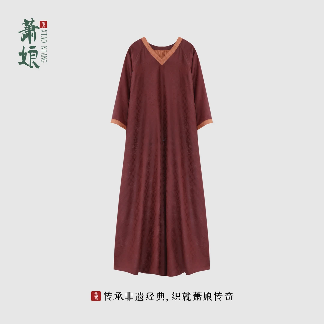 萧娘【如愿】花罗红云纱长袖连衣裙新中式桑蚕丝气质女裙XNA1035