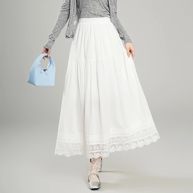 白色花边A字半身裙秋冬春秋高腰显瘦中长款百褶裙长裙1B春季8009