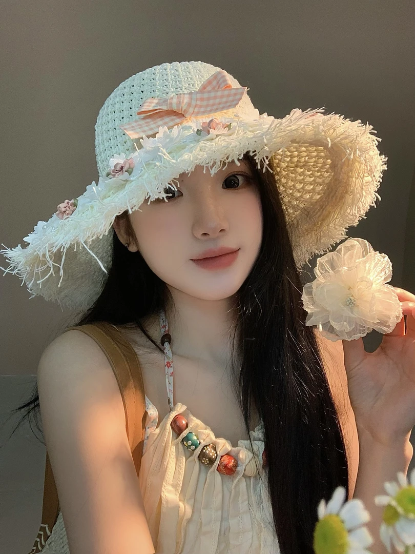 甜美花蝴蝶结草编草帽女可折叠海边度假出游防晒遮阳透气太阳帽子