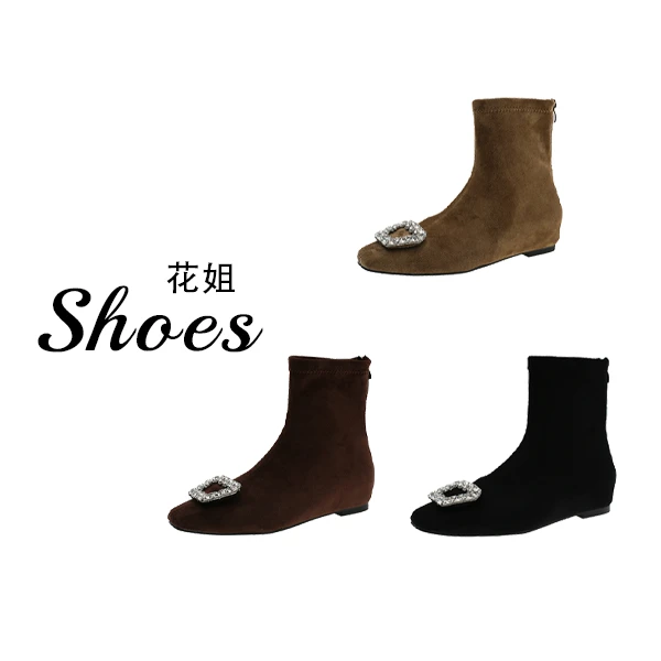 文艺复古绒面水钻扣小短靴女2025冬季新款显瘦百搭弹力靴