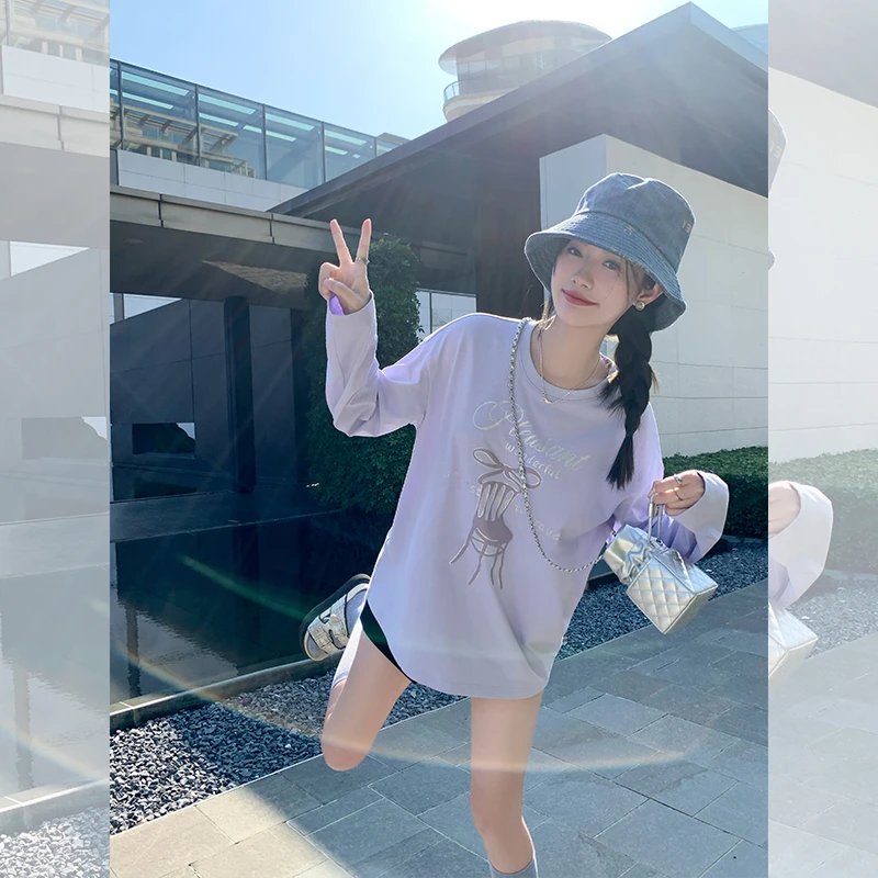 曾小咸 韩系百搭浅紫色圆领上衣女2025春宽松印花T恤Z251TZ0062