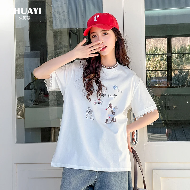 女大童袖子花边小狗短袖2025新款女童夏季短袖童趣休闲时尚宽松