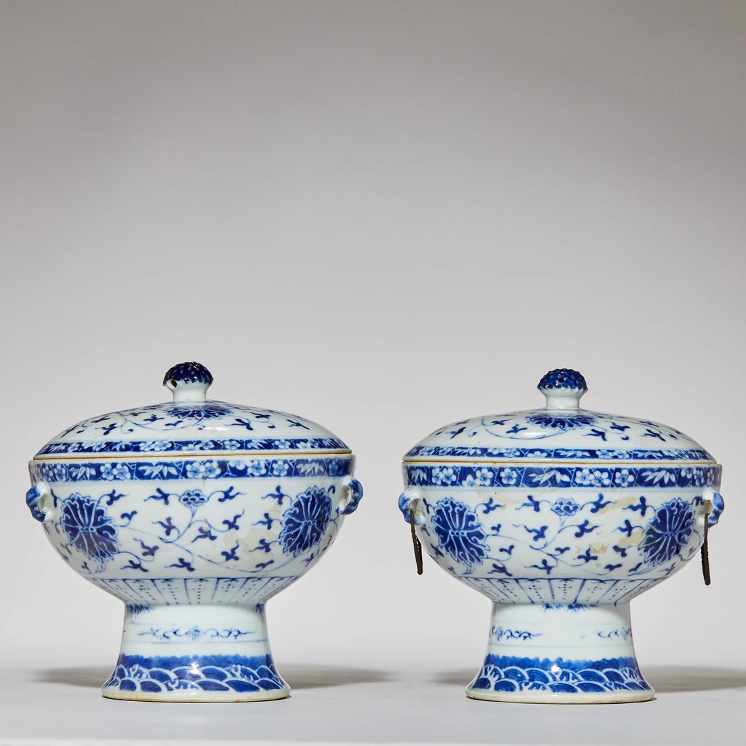 3326清晚期青花缠枝莲纹温锅(一对)【古董拍卖】