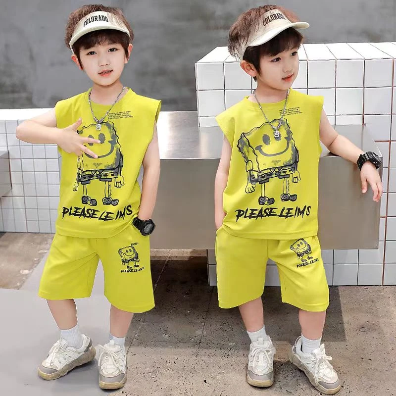 男童夏季套装2025新款阳光帅气海绵宝宝无袖运动潮款套装薄款X