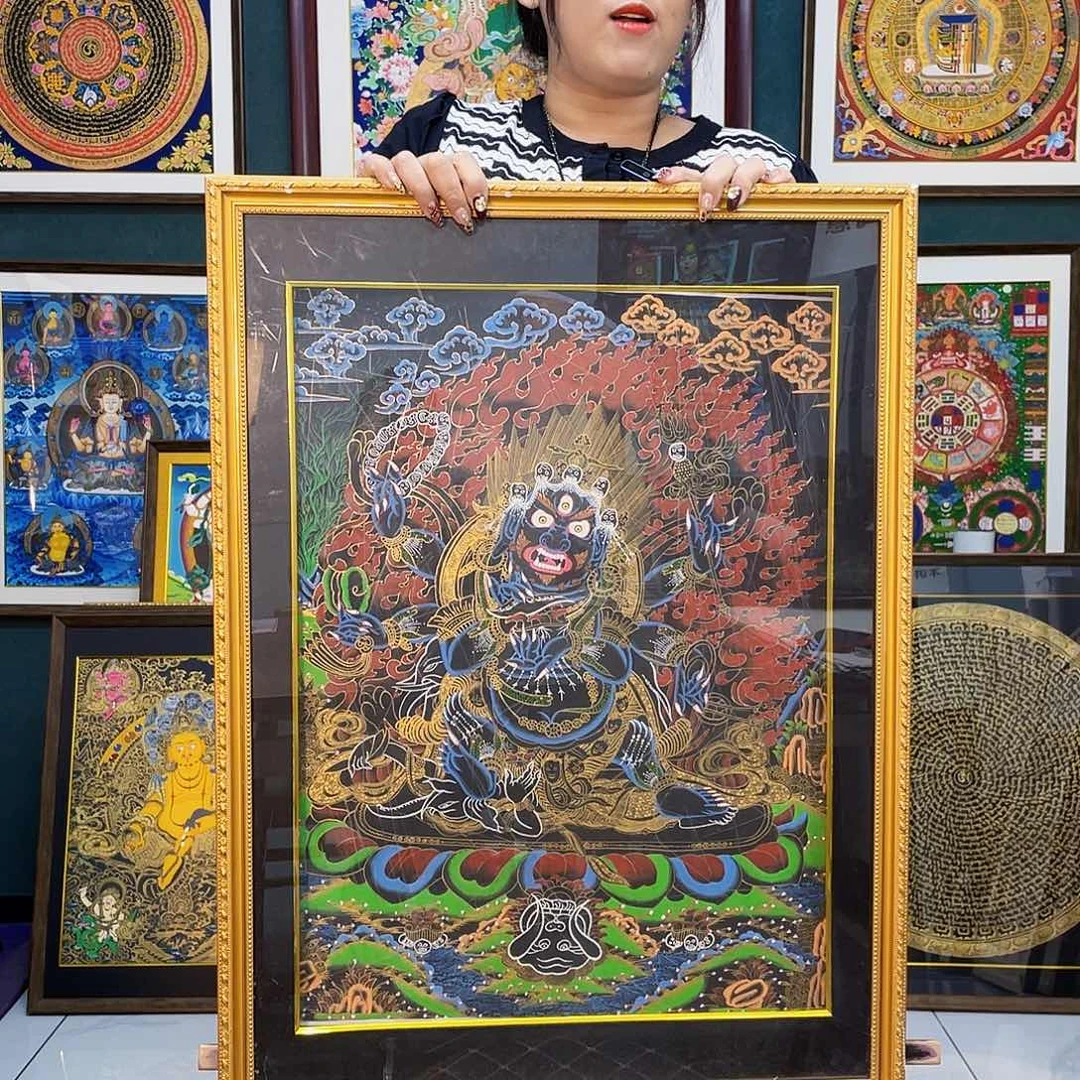 卷轴画手绘唐卡 大黑天带框