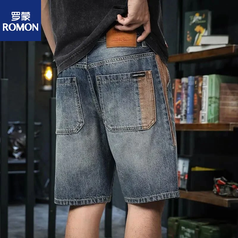 罗蒙美式高街潮牌牛仔短裤男夏季时尚百搭宽松直筒大码男士五分裤