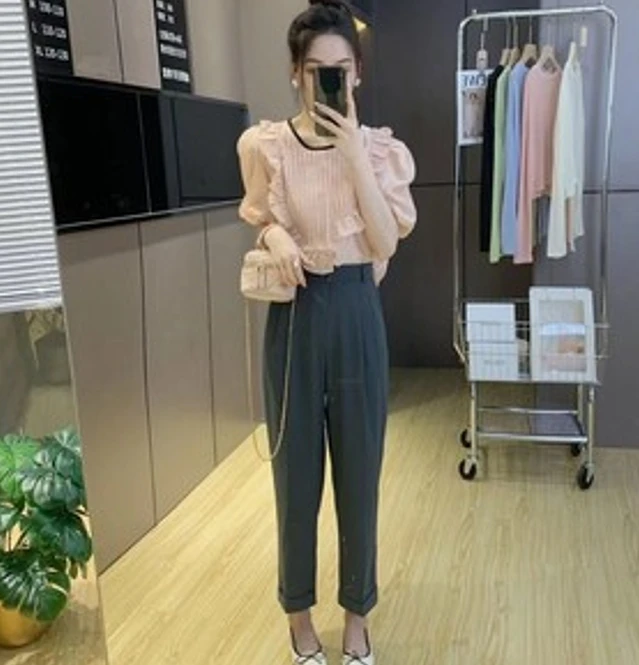【no退no换】卷边高腰ins风百搭哈伦裤022059