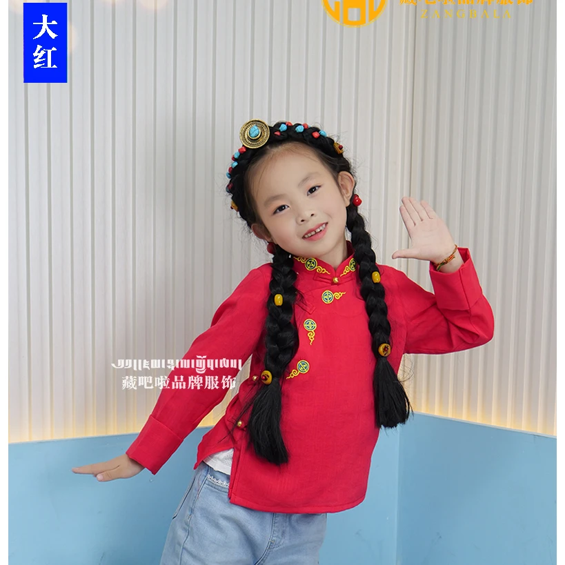 藏吧啦小孩亮丝竹节绣花衬衣民族服饰