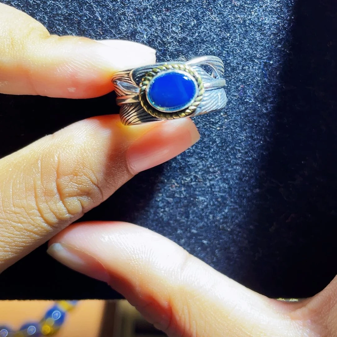 蓝珀裸石银S925镶嵌M**o多米尼加净水皇家蓝戒指