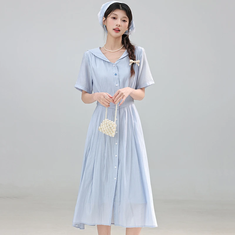 三寸藕【蓝桥一梦】福利-法式蓝色连衣裙日常通勤面试衬衫裙L250379