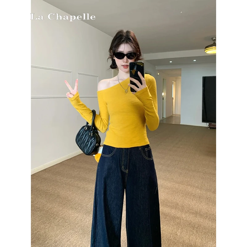 拉夏贝尔韩系黄色斜肩长袖t恤女春季内搭打底衫修身显瘦别致上衣
