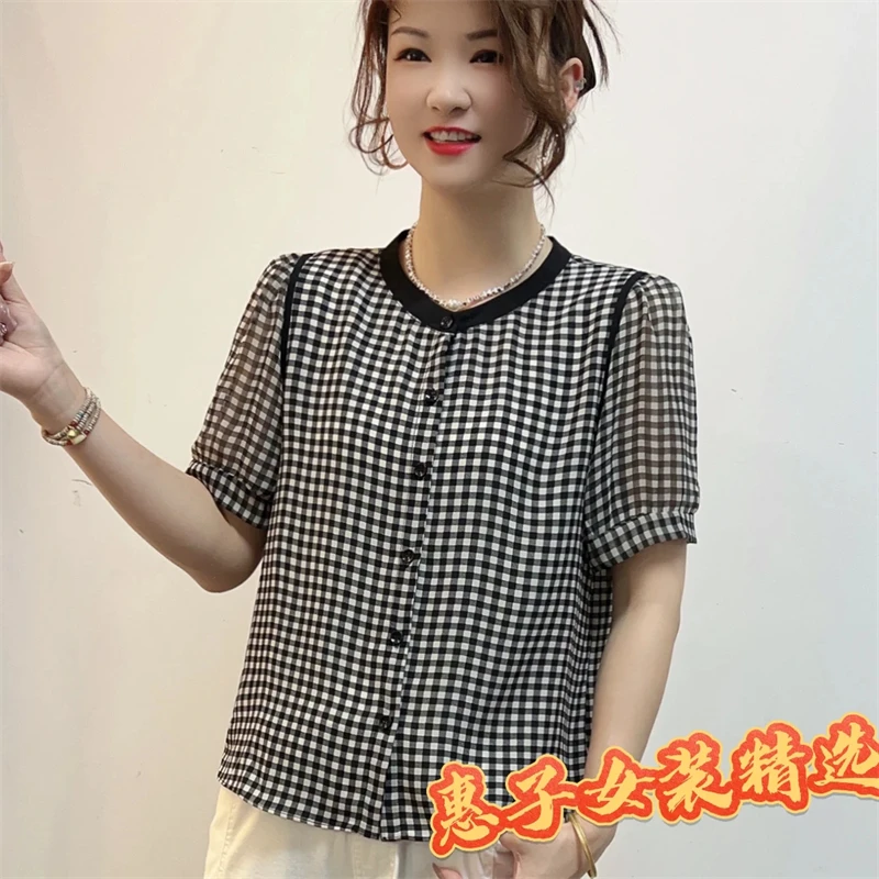 夏季韩系时尚百搭拼色圆领小衫洋气简约格子衬衫显瘦女衬衫短袖