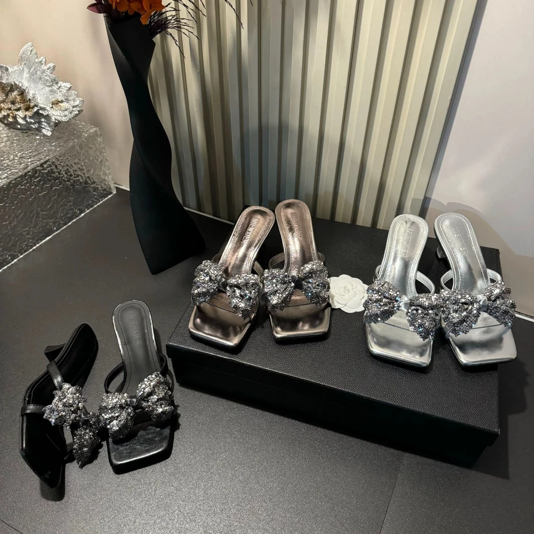 仙女风水钻粗跟一字凉鞋女款夏季外穿精致2025新款蝴蝶结高跟鞋