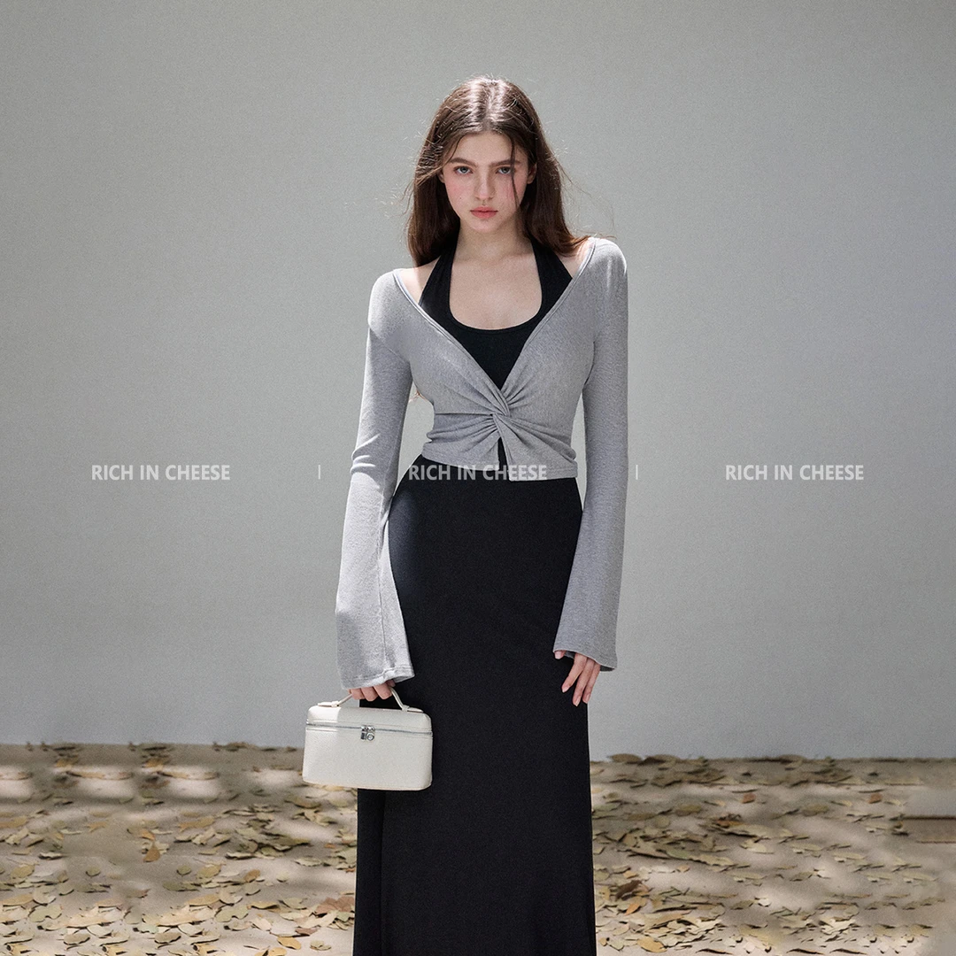 RICH IN CHEESE 海边情书 秋冬假两件针织连衣裙显瘦拼接长裙气质