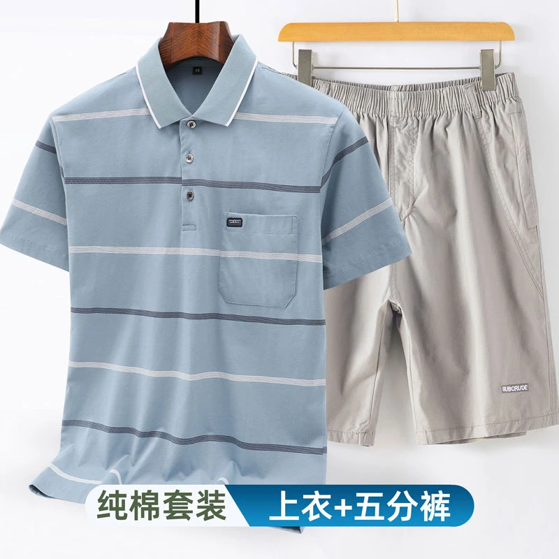 爸爸夏季纯棉休闲两件套装中年男士短袖t恤中老年人薄款五分短裤