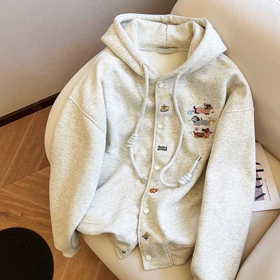 灰色减龄小狗刺绣开衫卫衣女特大码300斤时尚情侣连帽胖mm外套潮