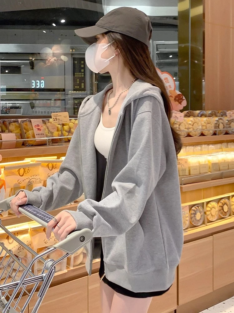 早秋季外套2025新款女连帽爆款韩系连帽秋季卫衣女款灰色开衫上衣