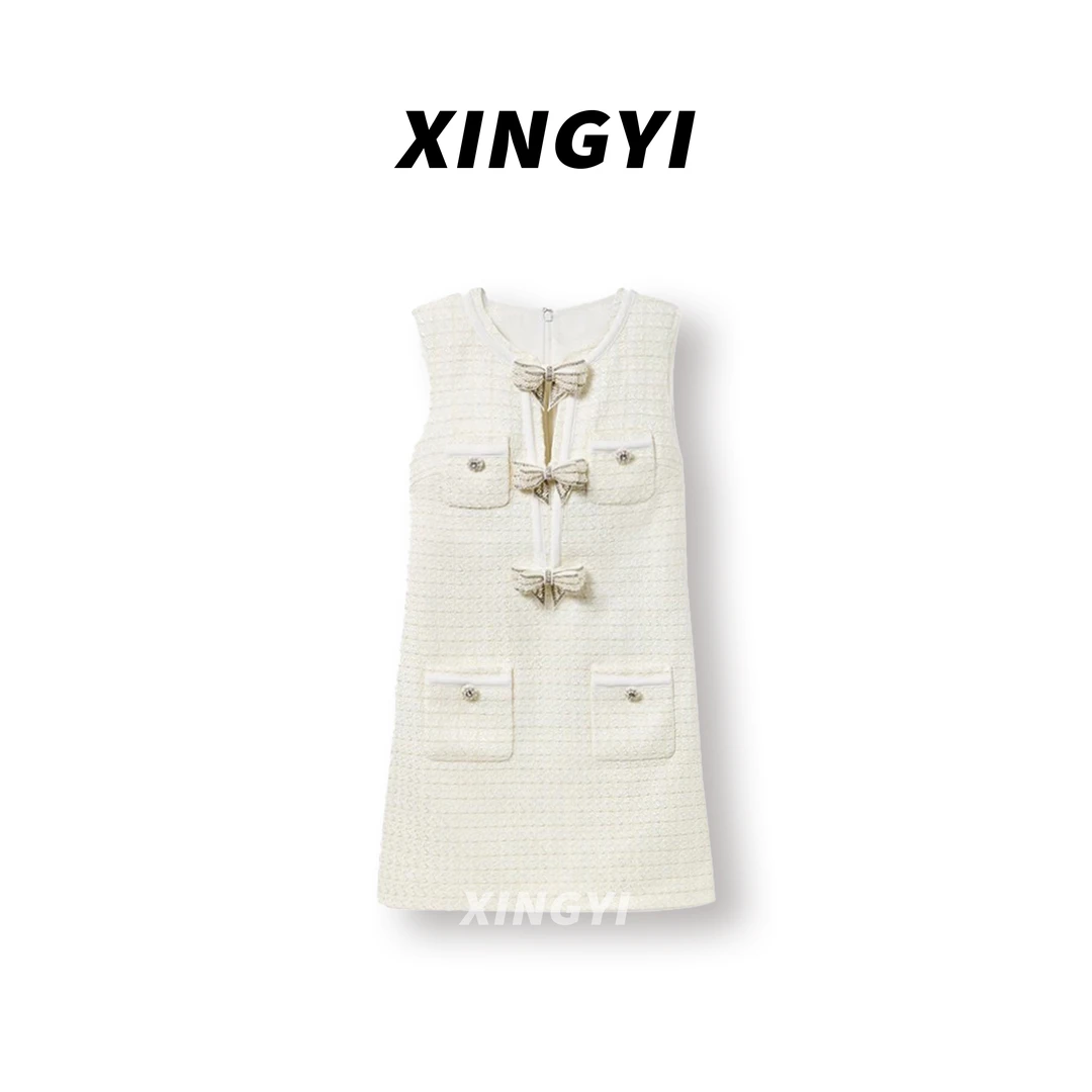 『XINGYI』夏季新款象牙白小香风珍珠蝴蝶结气质连衣裙XY9379