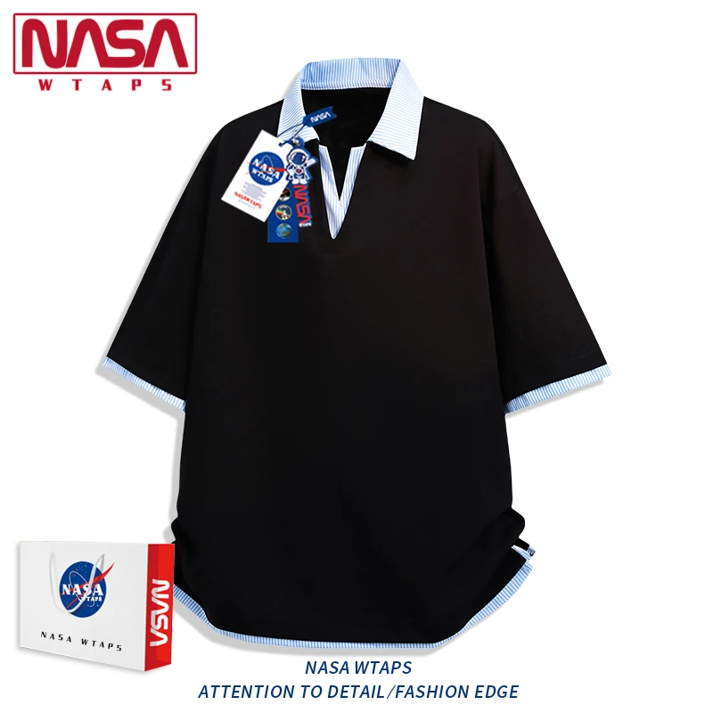 NASA WTAPS条纹短袖t恤男夏季薄款假两件polo衫潮牌宽松情侣上衣