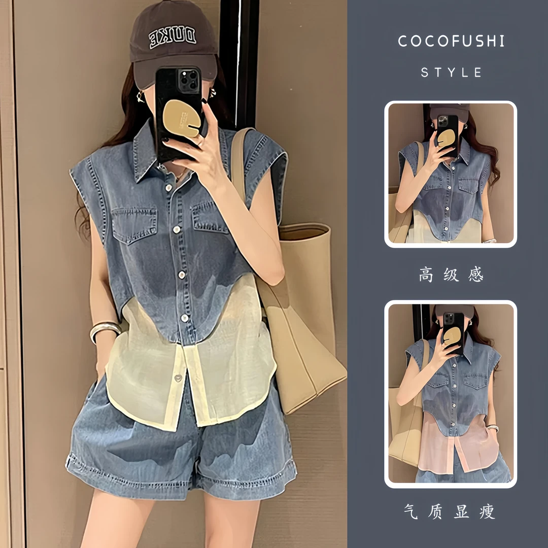 休闲时尚运动套装女夏炸街减龄洋气小个子牛仔拼接无袖短裤两件套