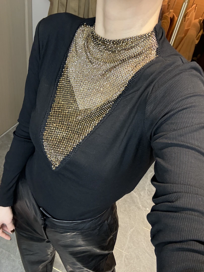 （金金家）薄绒半高领长袖上衣2025秋冬新款烫钻纯色百搭长袖T恤女