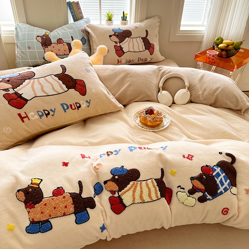 手拉手【奔跑小狗】秋冬ins少女四件套加厚保暖加绒牛奶绒三件套