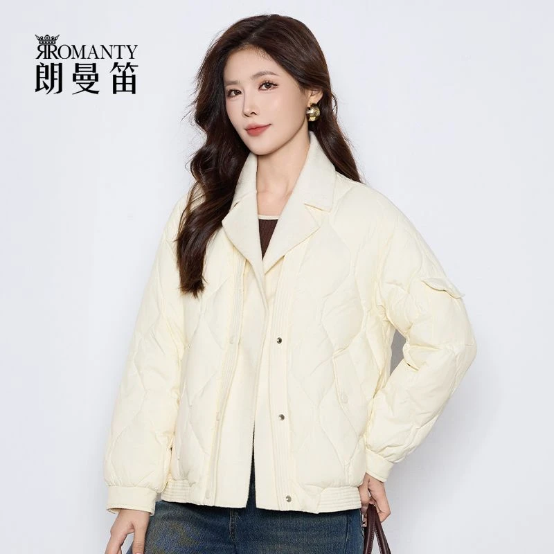 朗曼笛轻薄羽绒服女短款翻领鸭绒菱格外套2025冬新款百搭保暖上衣