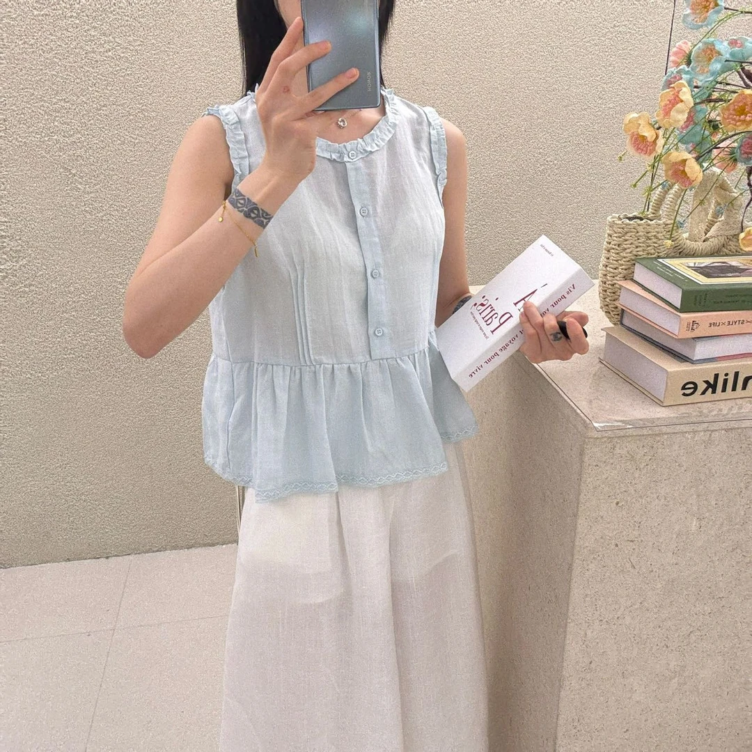 意法一批清仓 法式甜美简约时尚无袖小衫F0959