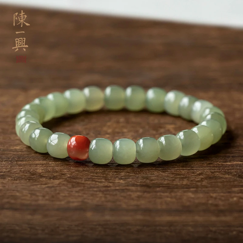 一兴原创天然保真高品质和田玉老型珠南红手串女单圈手链正品精致