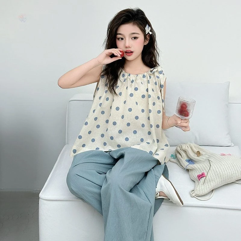 女童无袖上衣夏款无袖小衫圆点系带棉布背心衬衫天丝阔腿裤儿童