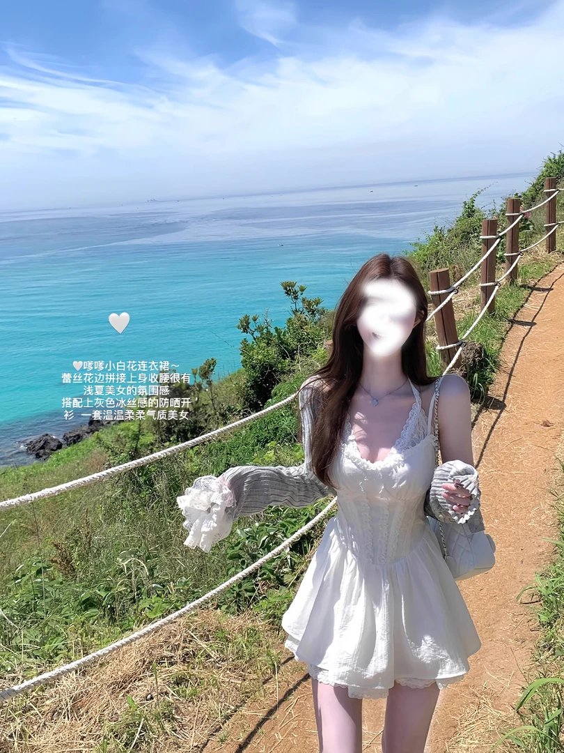 尤点好看巨美蕾丝裙假两件花边白色连衣裙女修身海边度假气质短裙
