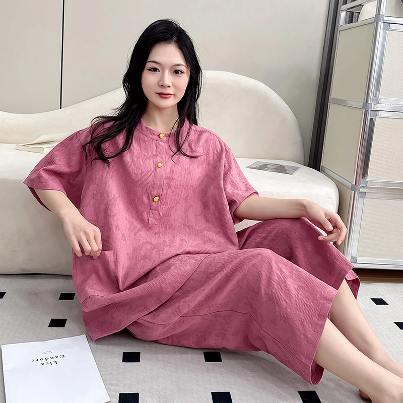 夏季大码纯棉提花睡衣女士中国风系家居服套装宽松纯色短袖九分裤
