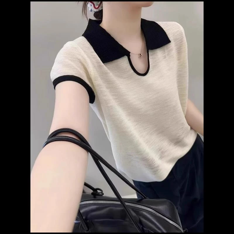 2025爆款翻领撞色单设针织衫小衫气质洋气短袖上衣百搭t恤女时尚