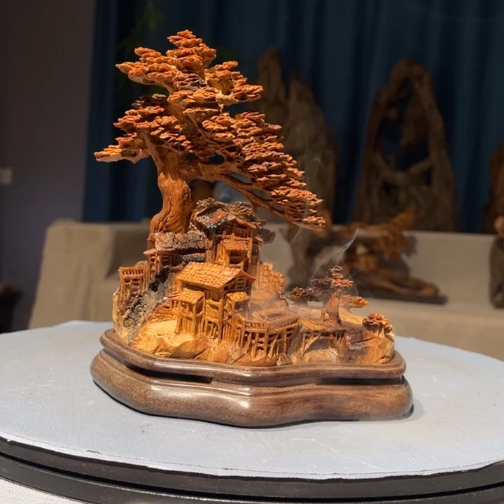 柏木（崖柏）山里人家香炉摆件