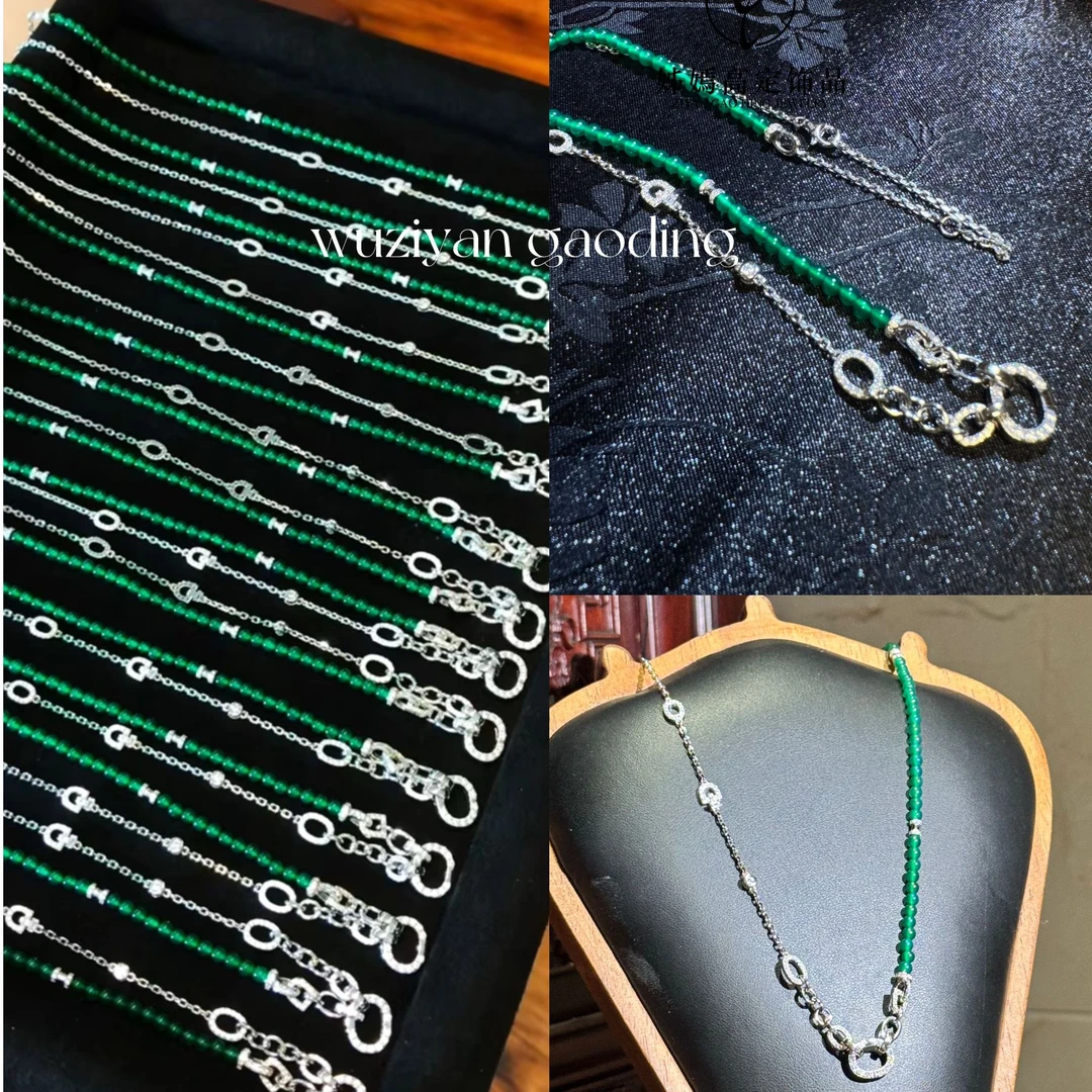 链子925银合成锆石 姊嫣翠竹3mm绿竹髓小米珠可挂小滴流项链925银