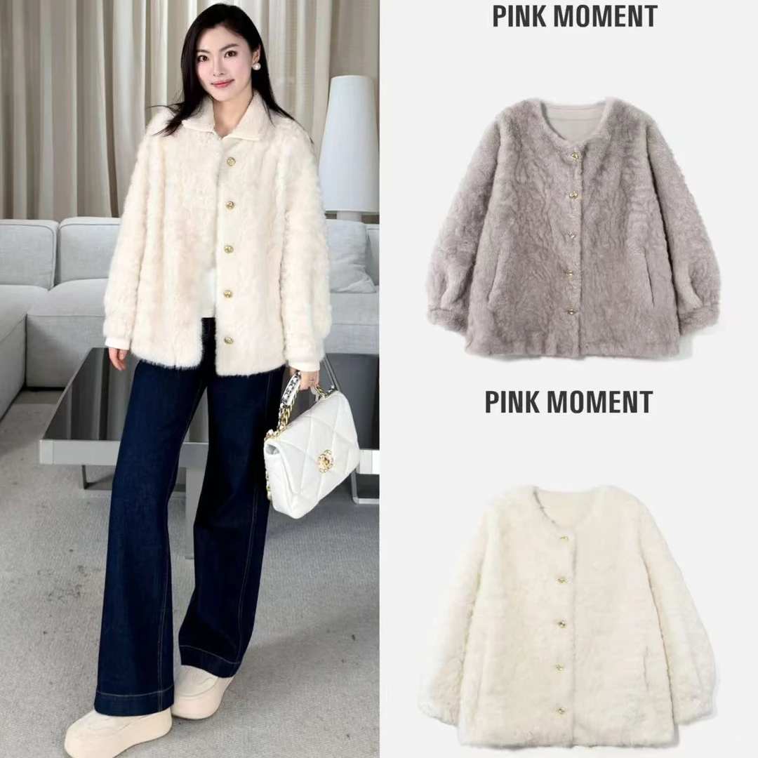 PM王囡囡 灰/米白色毛毛纽扣外套 ND1D2204