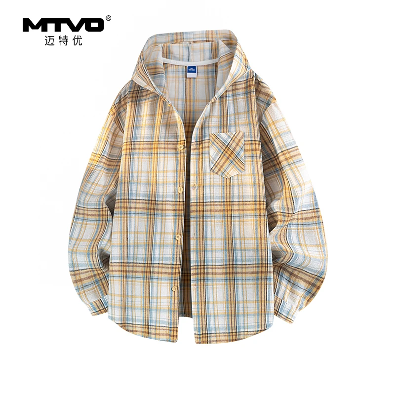 长袖连帽格子衬衫2025新款秋季男款美式潮牌百搭休闲连帽格子衬衫