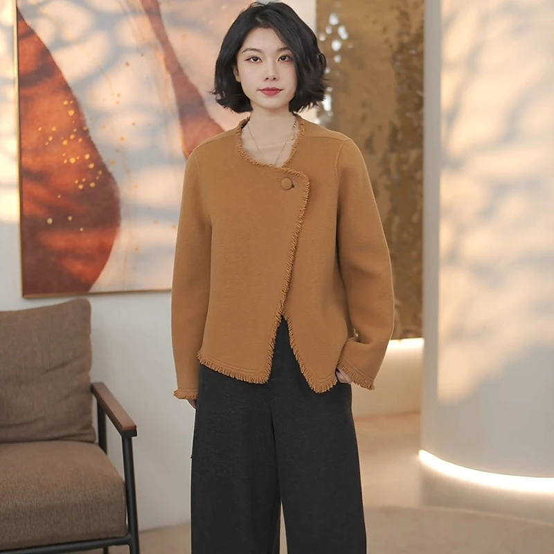 2025春装新款双面100%羊毛时尚百搭小香风流苏短款大衣外套23702