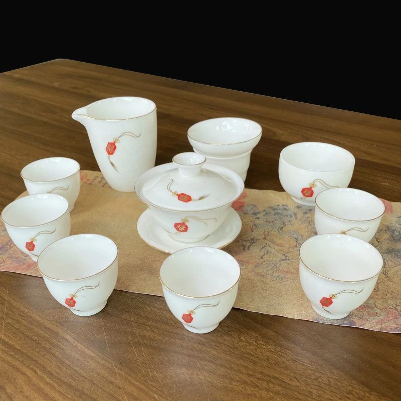 结婚礼物送新人新婚茶具套装中国结喜庆茶具羊脂玉白瓷盖碗茶杯