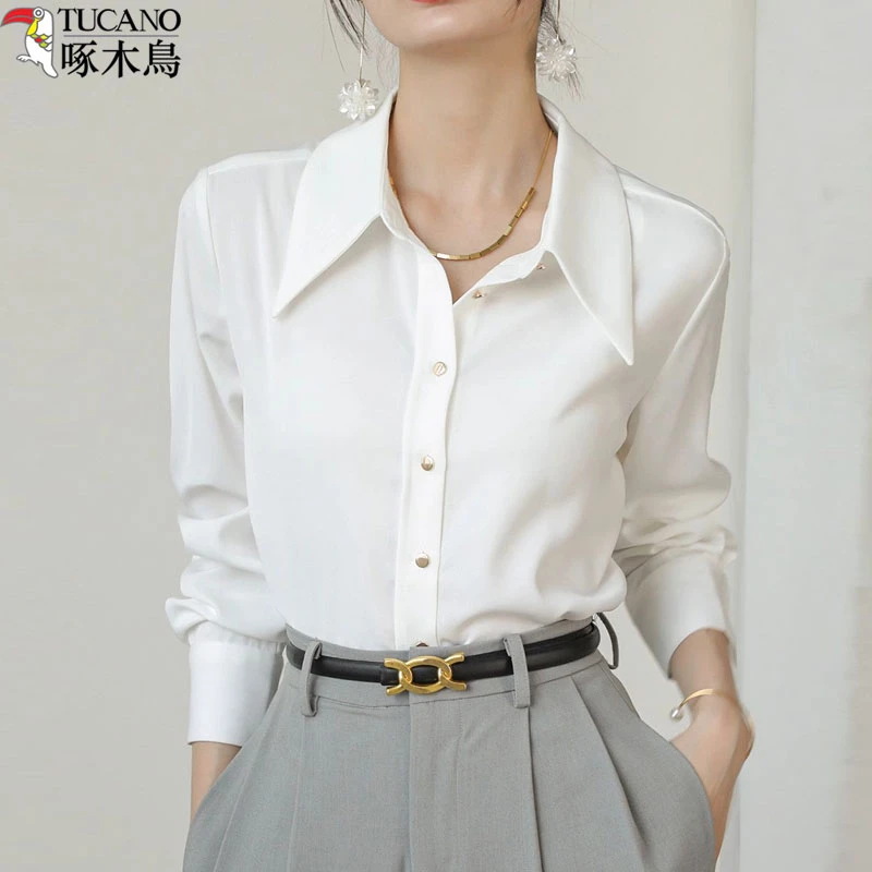TUCANO/啄木鳥韩版宽松休闲女衬衫正装白色长袖秋冬小众职业上衣