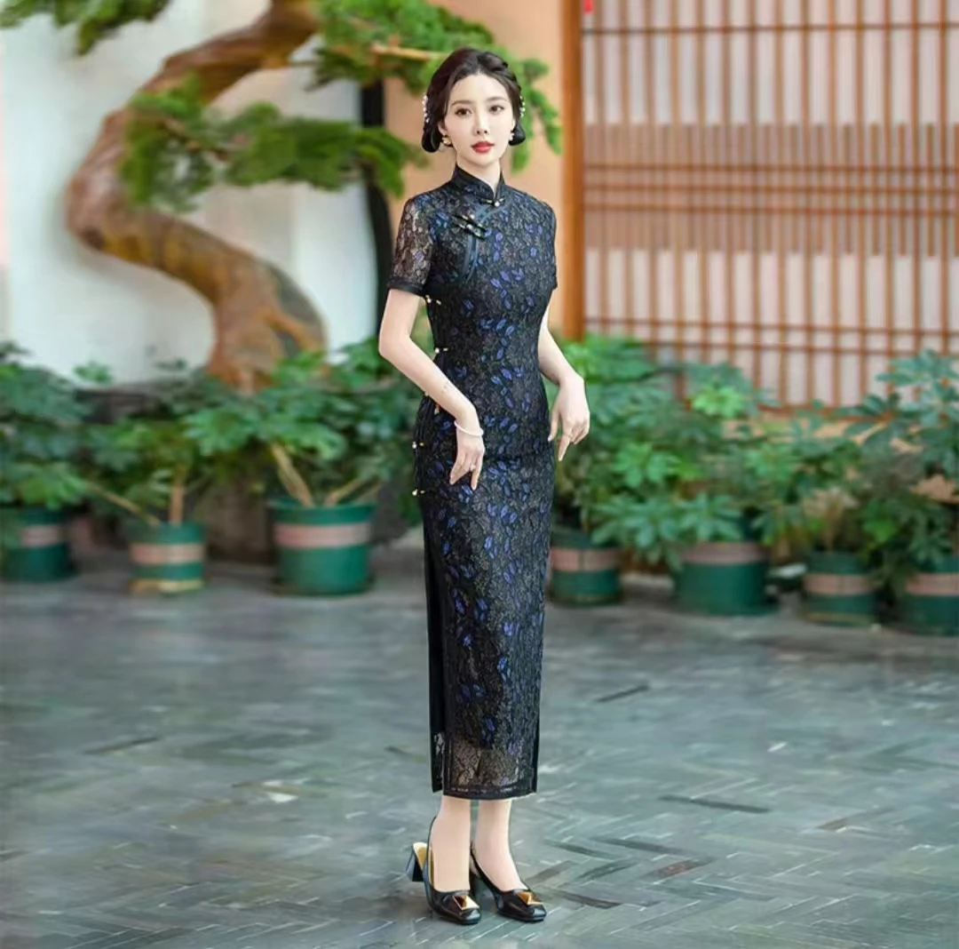 短袖碎花旗袍气质显瘦领日常优雅蓝色旗袍修身夏季慵懒风清凉感