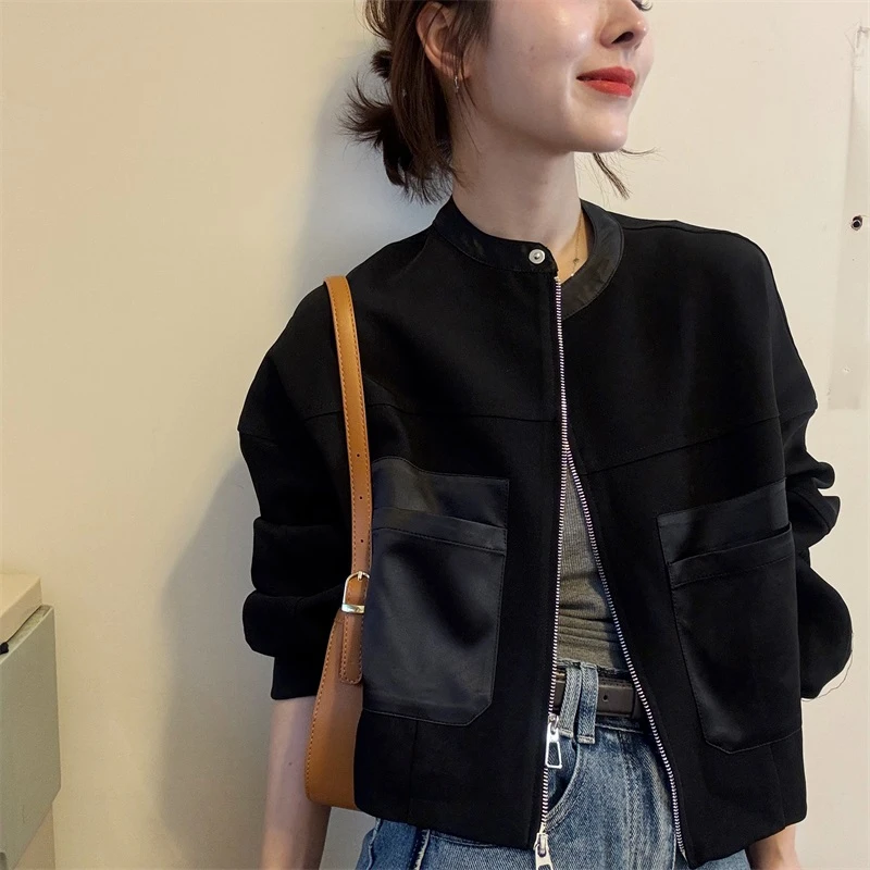 新款休闲百搭复古短外套洋气设计感立领小个子女夹克上衣女装短款