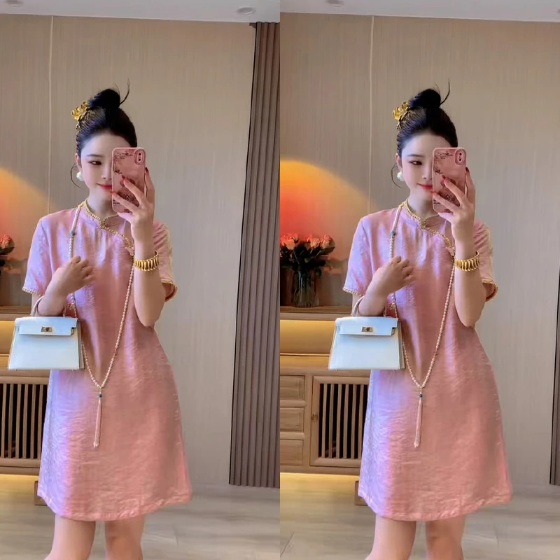 新中式连衣裙2025夏季新款时尚短袖显瘦复古中国风盘扣改良旗袍裙