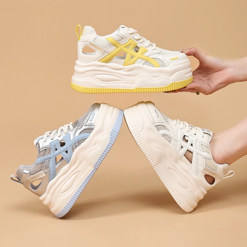 增高7公分真皮25春夏新款网面透气厚底休闲鞋女欧若风镂空阿甘鞋