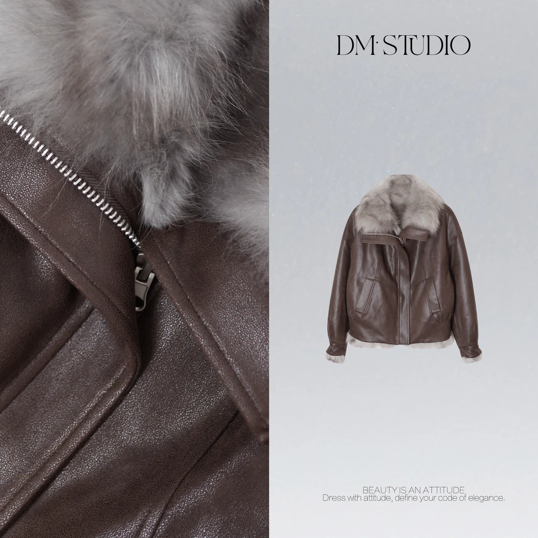 DEDM•STUDIO/高奢甜酷风进口貉子毛领麂皮绒皮衣外套2511PY/C375