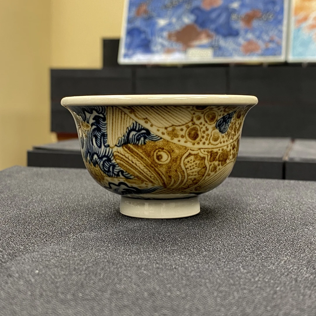 元经秘旨青花釉里金二号釉海浪鳜鱼压手杯冰桶杯景德镇手工纯手