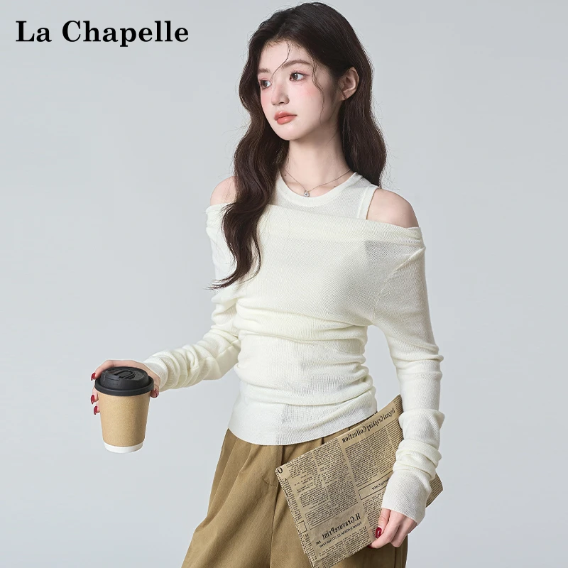 拉夏贝尔设计感露肩拼接假两件针织衫2025秋季新款绝美修身小上衣