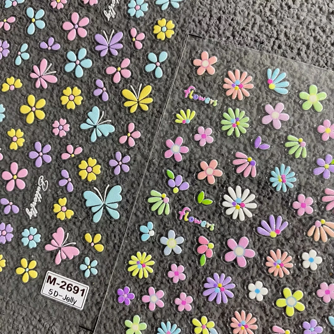 春夏彩色花花小雏菊立体浮雕美甲贴纸清新可爱彩虹花卉背胶指甲贴